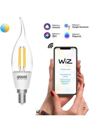 Умная Wi-Fi лампочка Gauss Smart Home Filament СF35 4,5W 495лм E14  управление голосом/смартфоном, с изменением температуры, диммируемая