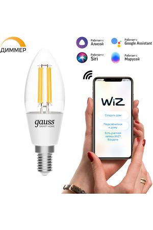 Умная Wi-Fi лампочка Gauss Smar Home Filament С35 4,5W 495лм E14  управление голосом/смартфоном, диммируемая