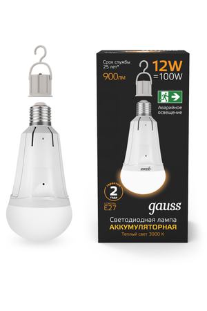 Лампа Gauss A80 12W 900lm 3000K Е27 авар. с Li-Ion аккумулятором LED