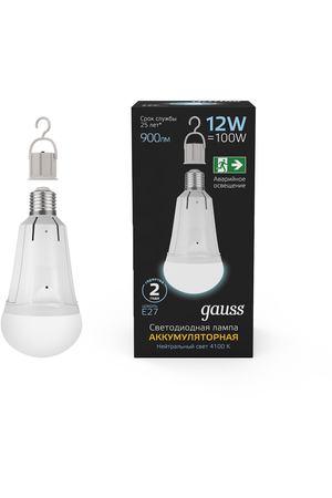 Лампа Gauss A80 12W 900lm 4100K Е27 авар. с Li-Ion аккумулятором LED