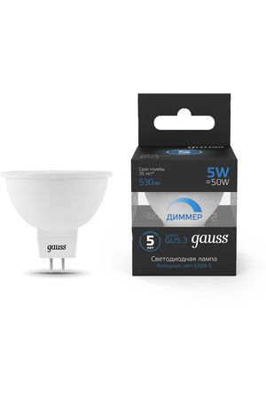 Лампа Gauss MR16 5W 530lm 6500K GU5.3 диммируемая LED