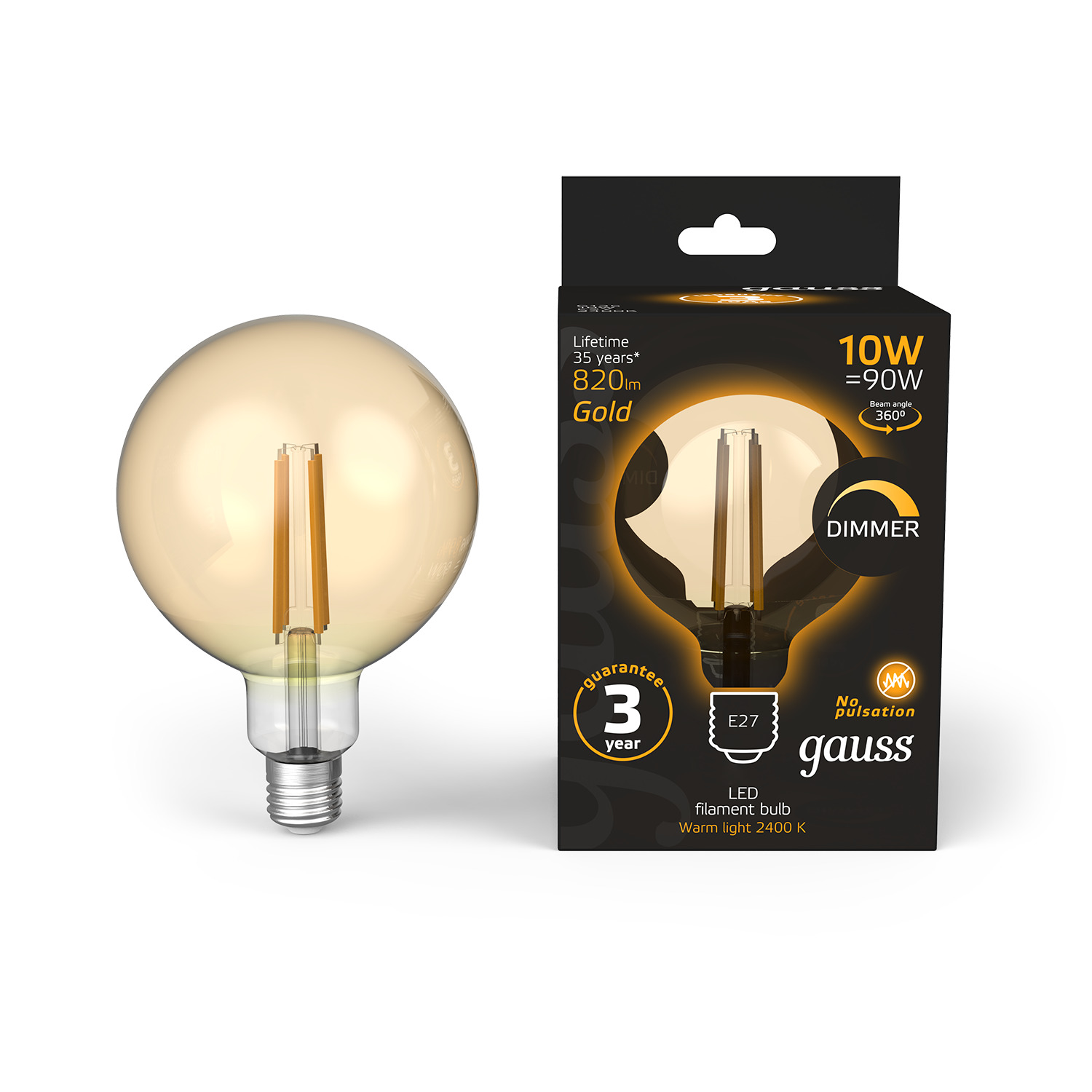 Где купить Лампа Gauss Filament G125 10W 820lm 2400К Е27 golden диммируемая LED Gauss 