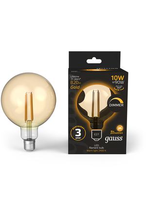 Лампа Gauss Filament G125 10W 820lm 2400К Е27 golden диммируемая LED