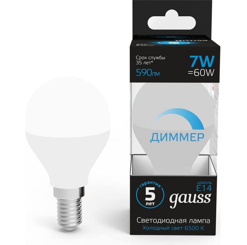 Где купить Лампа Gauss Шар 7W 590lm 6500 К E14 диммируемая LED Gauss 