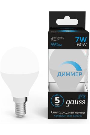 Лампа Gauss Шар 7W 590lm 6500 К E14 диммируемая LED