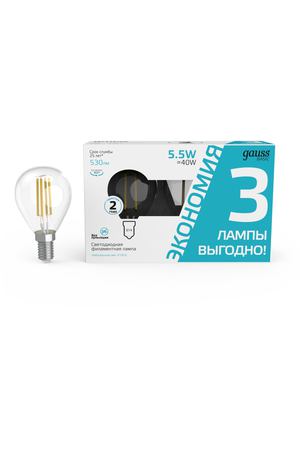 Лампа Gauss Basic Filament Шар 5,5W 530lm 4100К Е14 LED (3 лампы в упаковке) 1/20