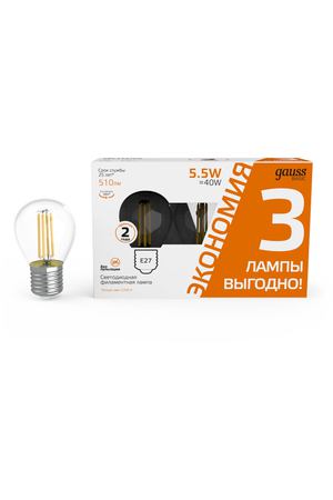 Лампа Gauss Basic Filament Шар 5,5W 510lm 2700К Е27 LED (3 лампы в упаковке) 1/20