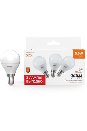 Лампа Gauss Basic Шар 5,5W 525lm 3000K E14 (3 лампы в упаковке) LED 1/40