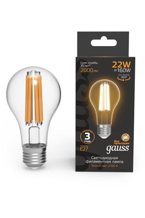 Лампа Gauss Filament А70 22W 2000lm 2700К Е27 LED 1/10/40