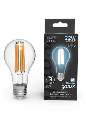 Лампа Gauss Filament А70 22W 2100lm 4100К Е27 LED 1/10/40