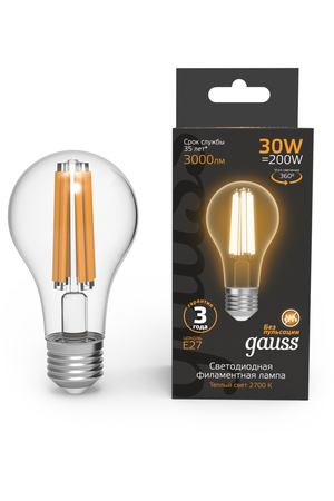 Лампа Gauss Filament А70 30W 3000lm 2700К Е27 LED 1/10/40