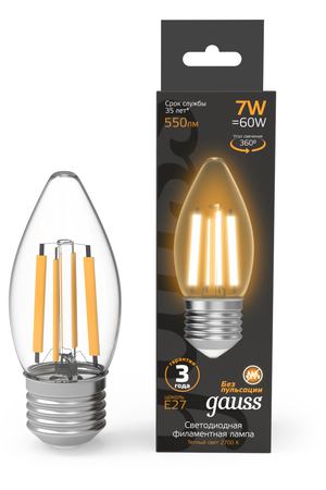 Лампа Gauss Filament Свеча 7W 550lm 2700К Е27 LED 1/10/50