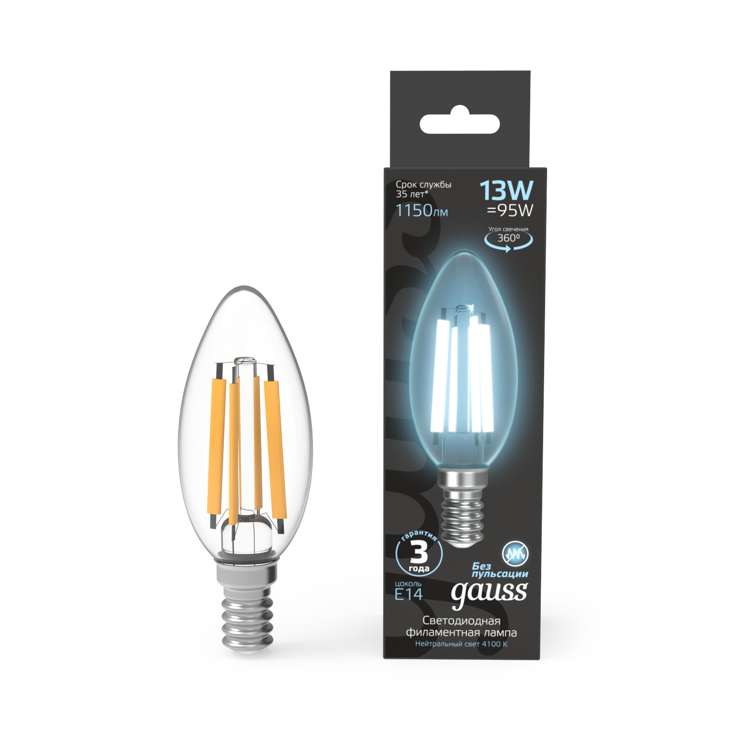 Где купить Лампа Gauss Filament Свеча 13W 1150lm 4100К Е14 LED 1/10/50 Gauss 