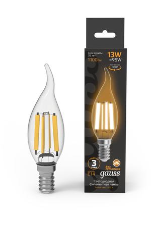 Лампа Gauss Filament Свеча на ветру 13W 1100lm 2700К Е14 LED 1/10/50