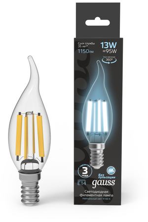 Лампа Gauss Filament Свеча на ветру 13W 1150lm 4100К Е14 LED 1/10/50