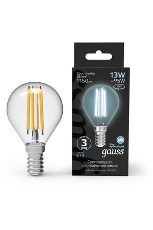 Лампа Gauss Filament Шар 13W 1150lm 4100К Е14 LED 1/10/50