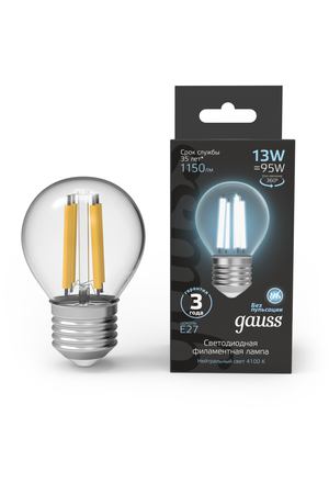 Лампа Gauss Filament Шар 13W 1150lm 4100К Е27 LED 1/10/50