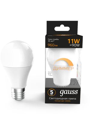 Лампа Gauss LED A60-dim E27 11W 960lm 3000К диммируемая 1/10/50