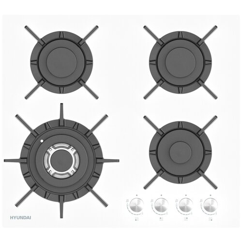 Где купить Варочная панель газовая Hyundai HHG 6437 WG, 60 см, с электроподжигом, белая, закаленное стекло, чугунные решетки Hyundai 