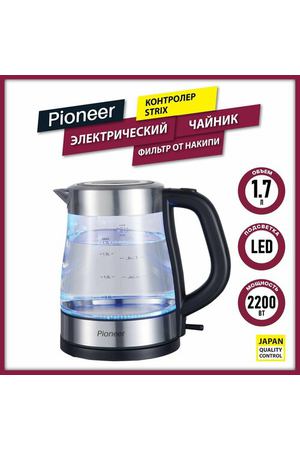 Чайник электрический со стеклянной колбой и съемной крышкой 1,7 л Pioneer KE807G, LED подсветка, контроллер STRIX, Серебристый