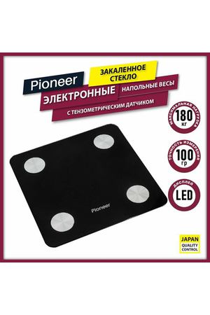 Умные напольные весы Pioneer PBS1006, тензометрический датчик, LED-дисплей, измерение жира/воды/мышечной массы, смартфон-управление, Bluetooth, до 180 кг