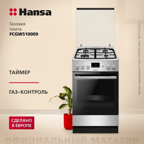 Где купить Газовая плита Hansa FCGX522222H, нержавеющая сталь, 70 л, 7400 Вт, гриль, электроподжиг, газконтроль, таймер Hansa 