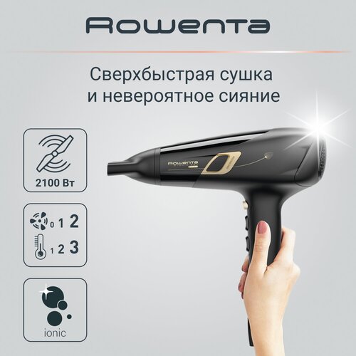 Где купить Фен для волос Rowenta Studio Dry Glow CV5836F0 с диффузором и концентратором, 2 режима работы, 2100 Вт, черный/золотой Rowenta 