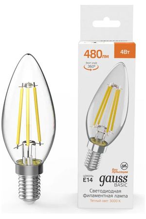 Лампа Gauss Basic Filament Свеча 4W 480lm 3000K E14 LED