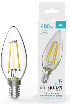 Лампа Gauss Basic Filament Свеча 4W 480lm 4000K E14 LED